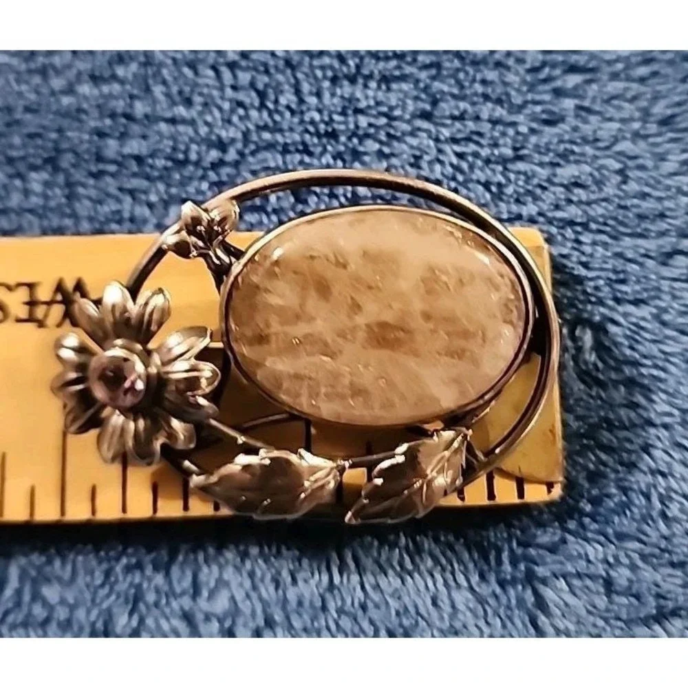 Vintage Sterling Silver Rutilated Quartz‎ Amethyst Flower Brooch Pin Floral 1.5